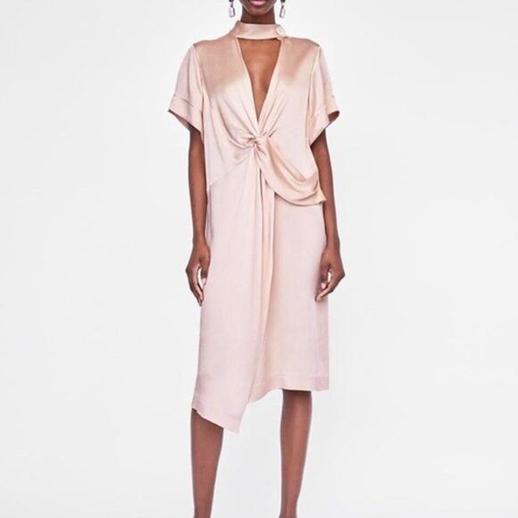 Zara Blush Knotted Satin Midi Dress Plunging Neckline Leg Slit Button Collar, S - Picture 1 of 15
